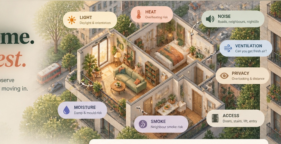 Illustrated home showing light, heat, noise, ventilation, privacy, moisture, smoke and access factors.